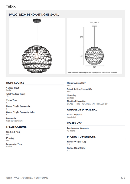 IVALO 45CM Pendant Light Small - Black