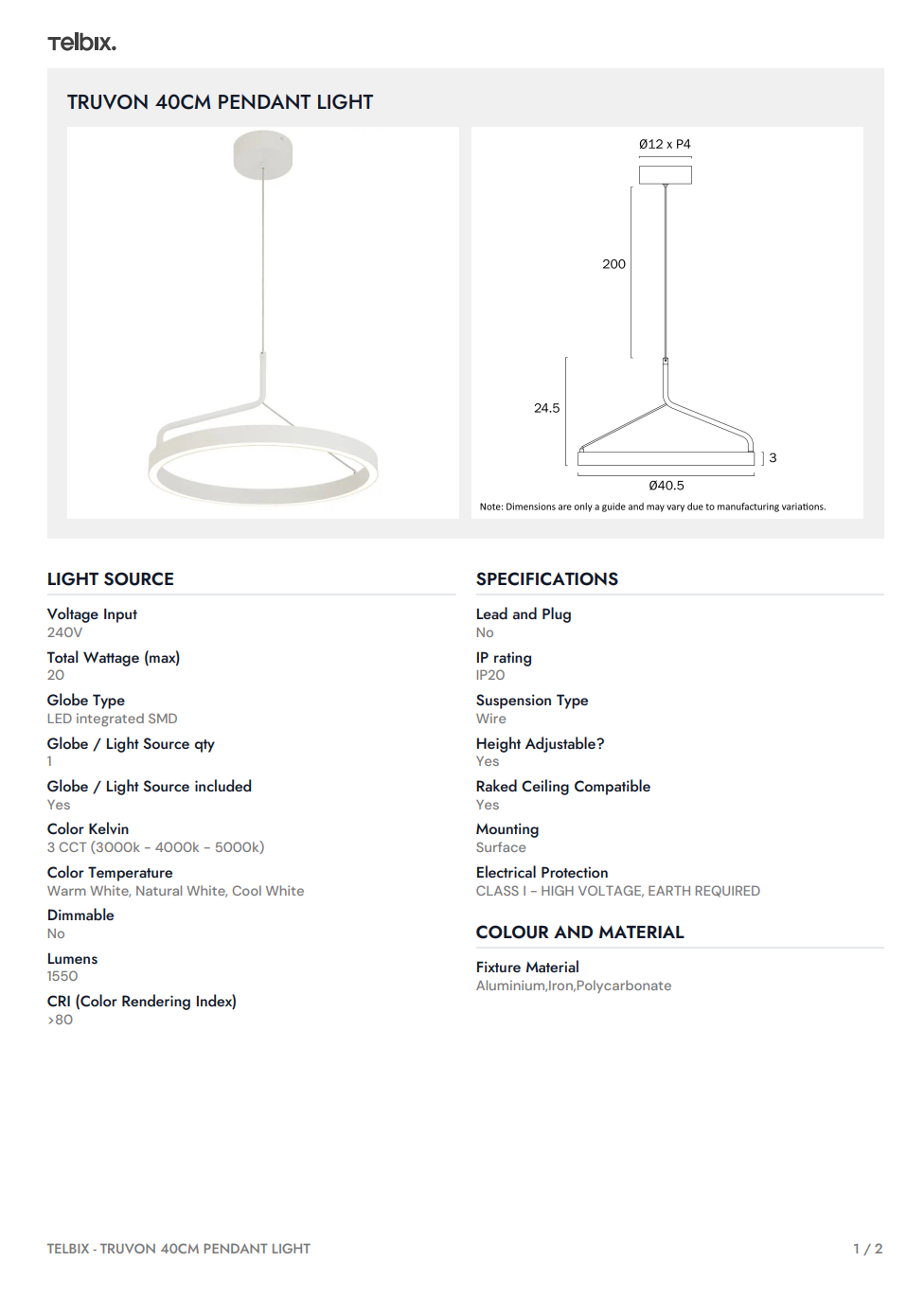 TRUVON 40CM Pendant Light - White/Oak