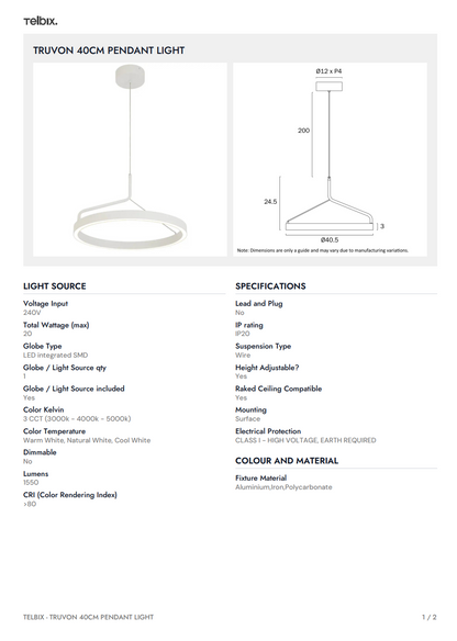 TRUVON 40CM Pendant Light - White/Oak