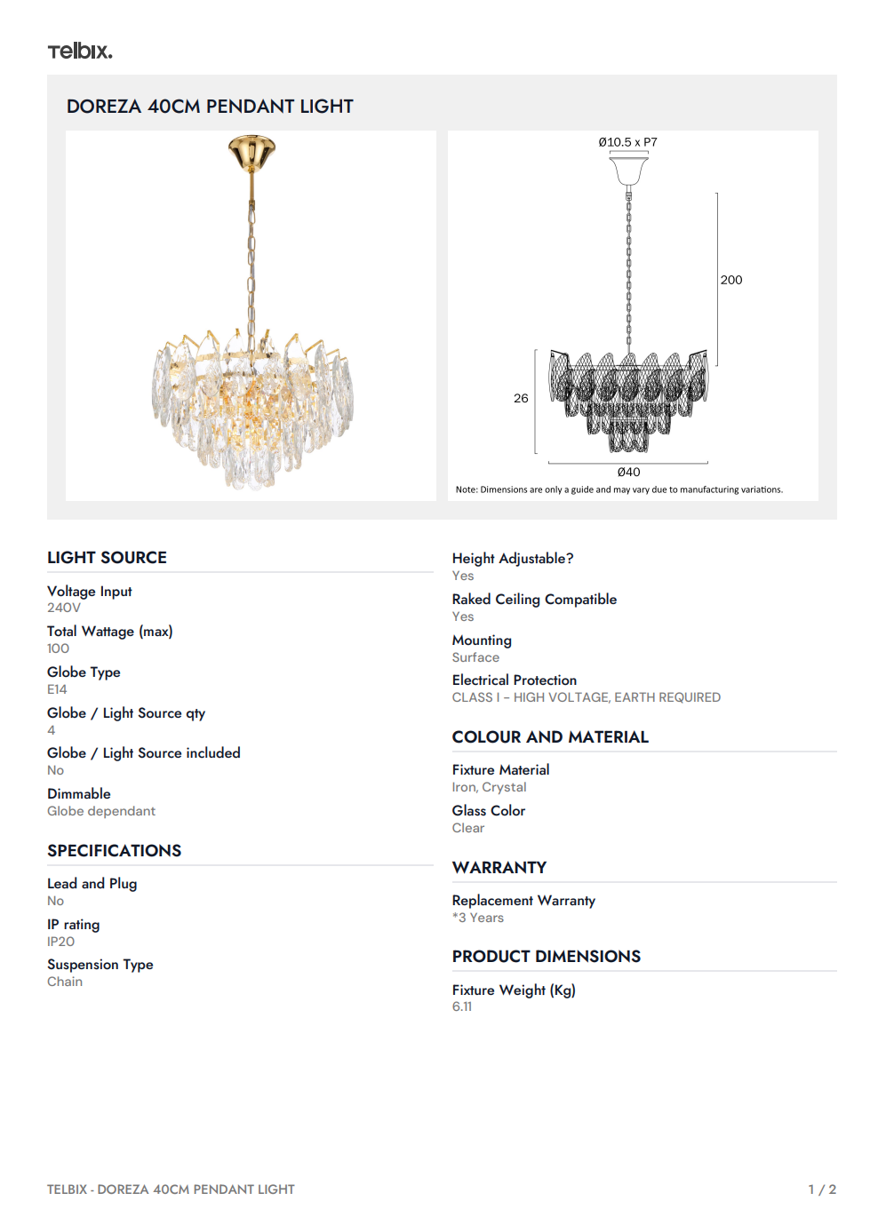 DOREZA 40CM Pendant Light - Gold