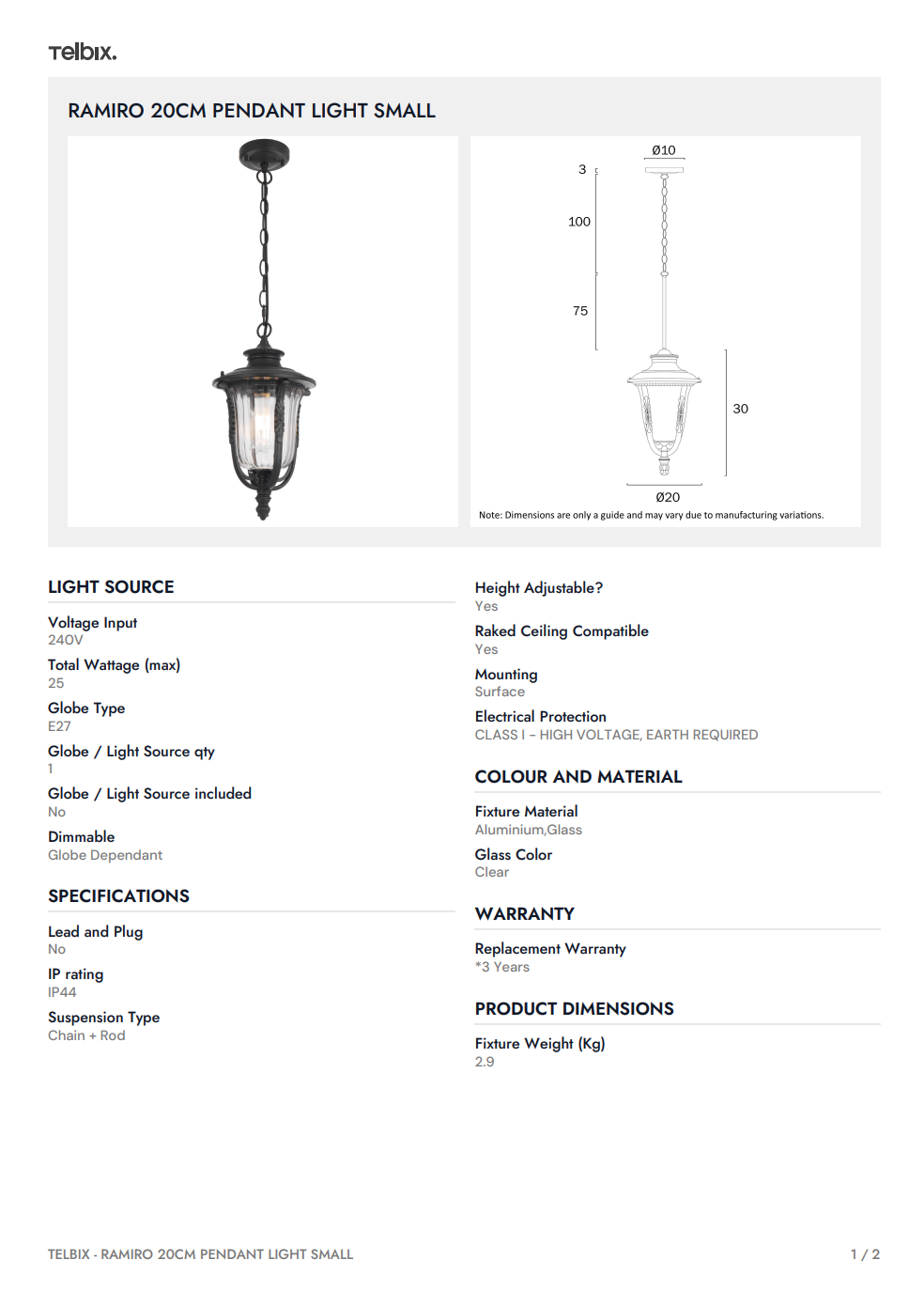 RAMIRO 20CM Pendant Light Small - Black