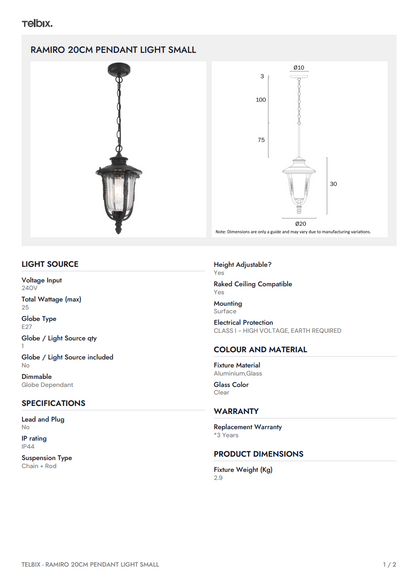 RAMIRO 20CM Pendant Light Small - Black