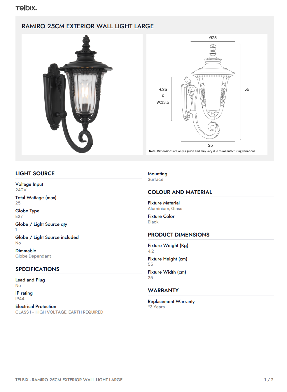 RAMIRO 25CM Exterior Wall Light Large - Bronze