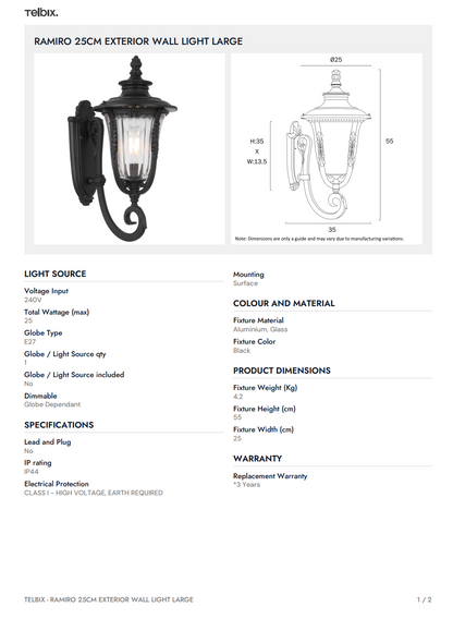 RAMIRO 25CM Exterior Wall Light Large - Bronze
