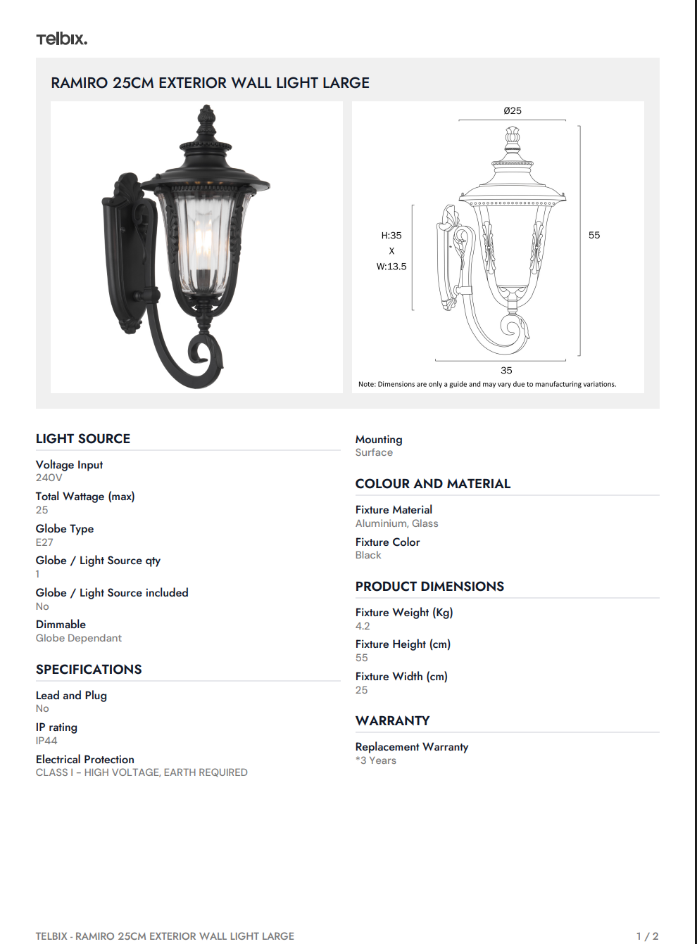RAMIRO 25CM Exterior Wall Light Large - Bronze
