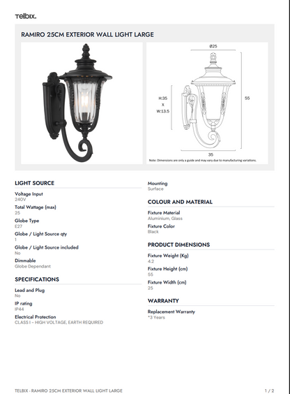 RAMIRO 25CM Exterior Wall Light Large - Bronze