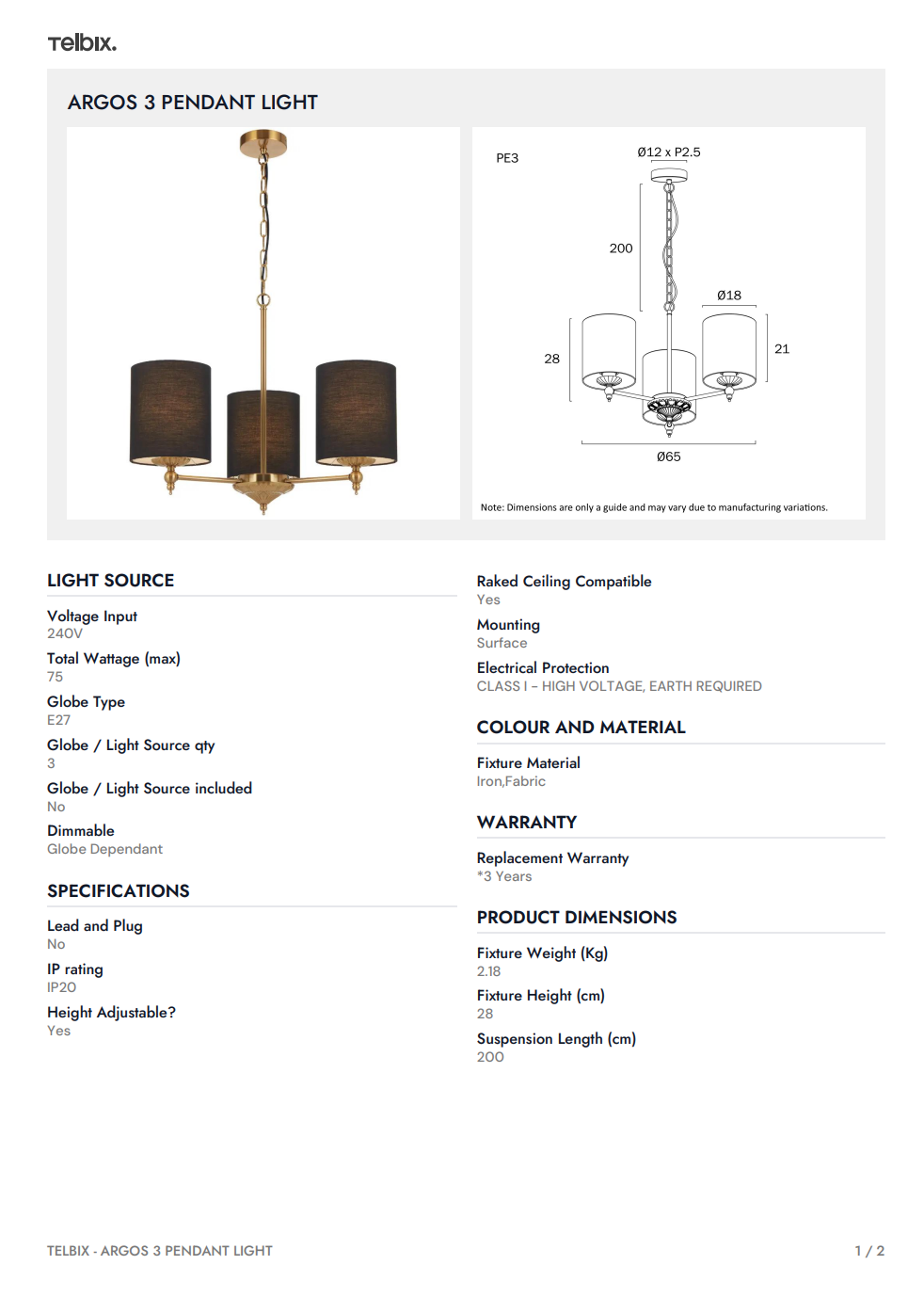 ARGOS 3 Pendant Light - Antique Gold/Black