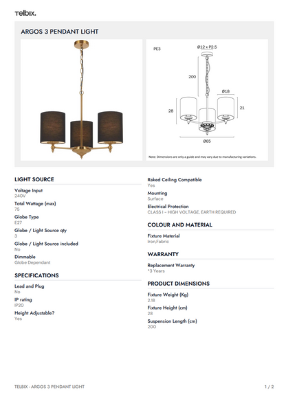 ARGOS 3 Pendant Light - Antique Gold/Black