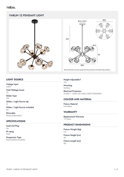 VARLIN 12  Pendant Light - Black/Smoke