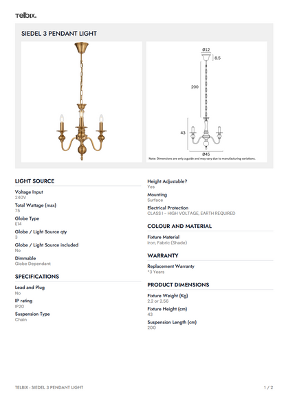 SIEDEL 3 Pendant Light - Without Shade