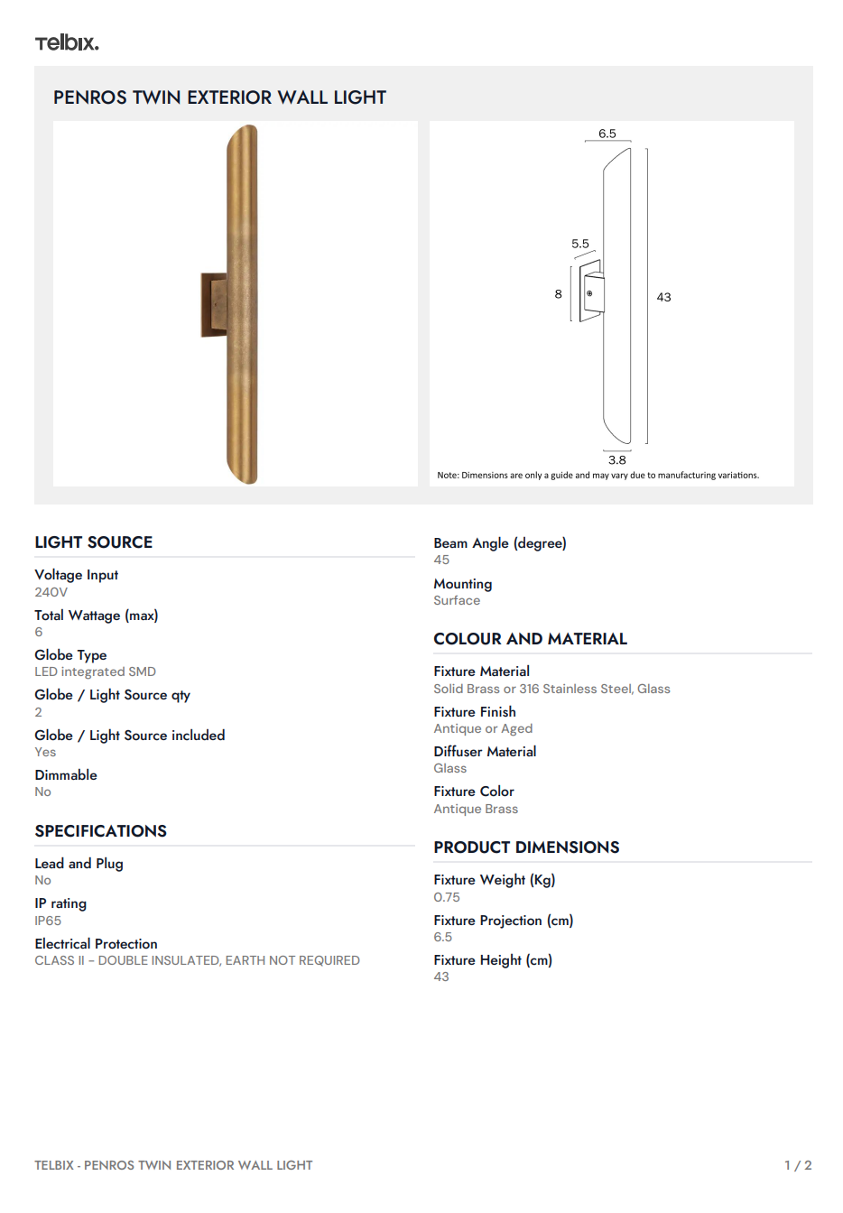 Penros Twin Exterior Wall Light - Stainless Steel