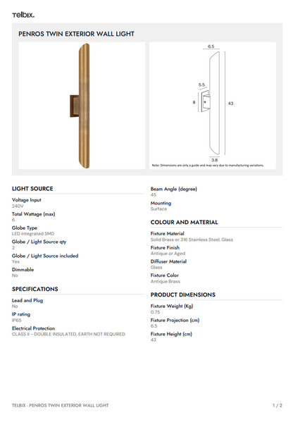 Penros Twin Exterior Wall Light - Stainless Steel