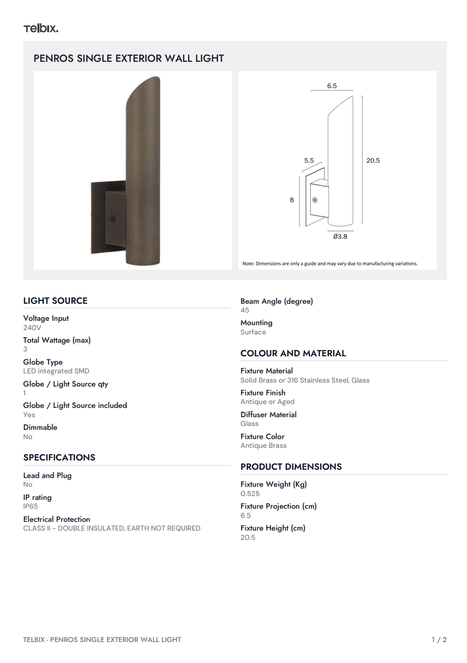 Penros Single Exterior Wall Light - Natural Brass