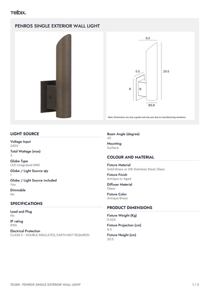 Penros Single Exterior Wall Light - Natural Brass