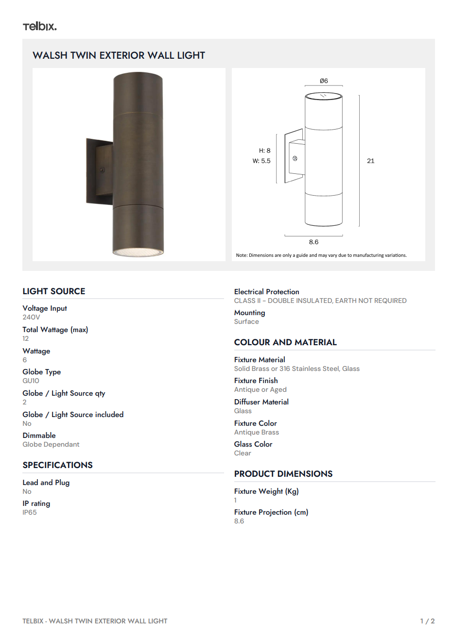 Walsh Twin Exterior Wall Light - Antique Brass