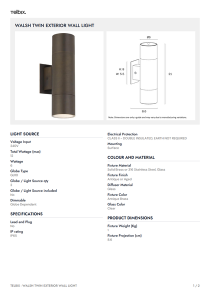 Walsh Twin Exterior Wall Light - Antique Brass