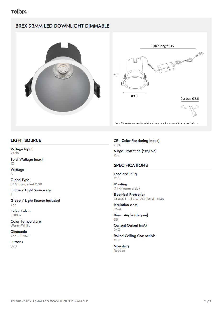 Brex 93 MM LED Downlight Dimmable