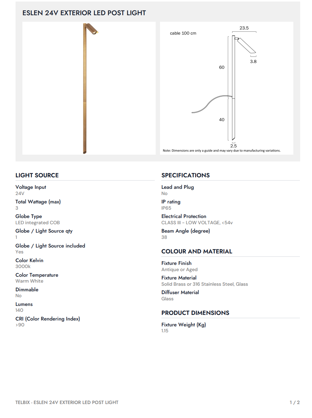 Eslen Post Light - Natural Brass