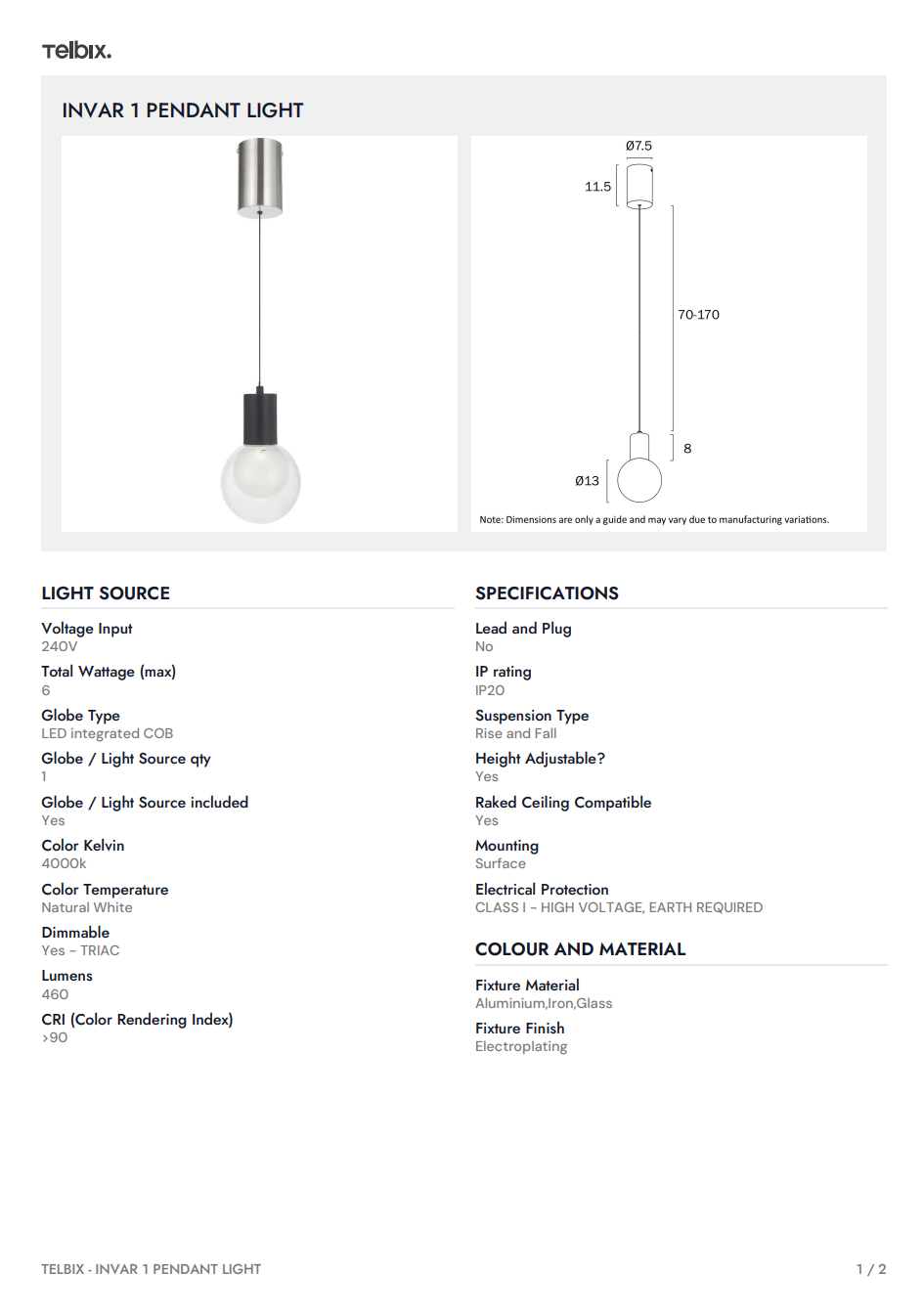 Invar 1 Pendant Light