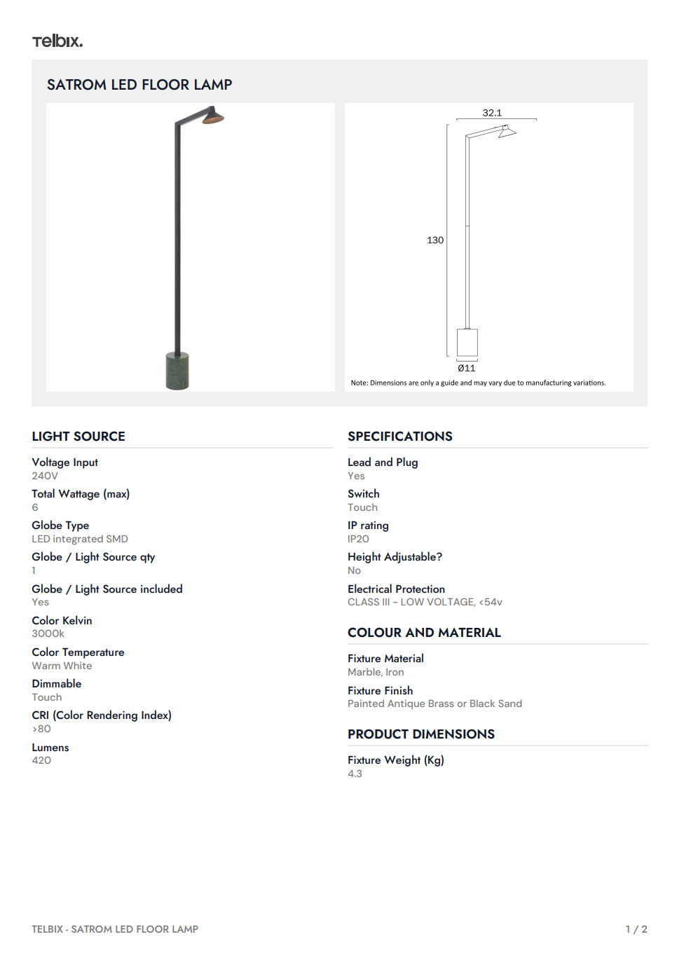 Satrom LED Floor Lamp - Antique Brass/White Marble