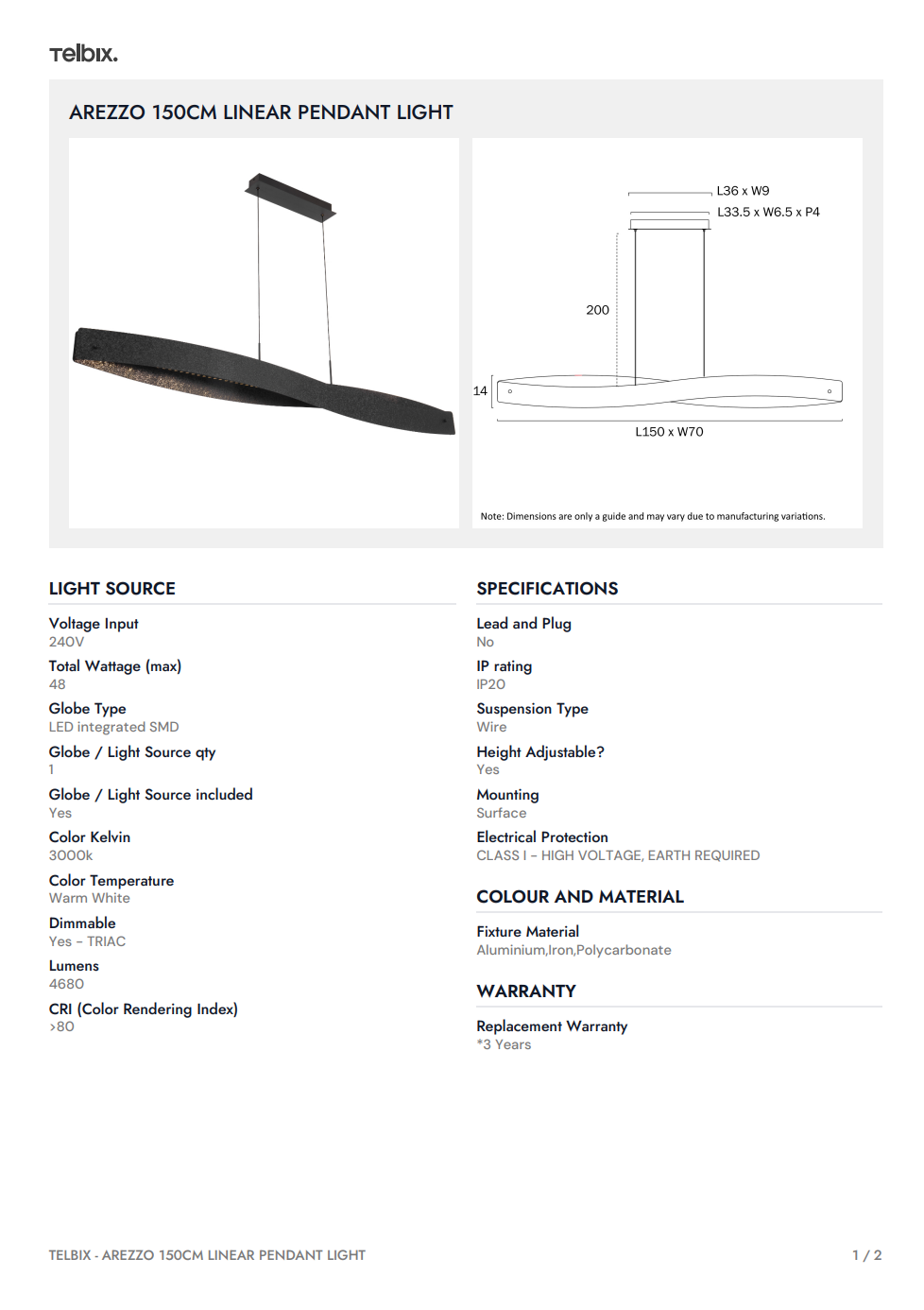 Arezzo 150cm Linear Pendant Light - Silver