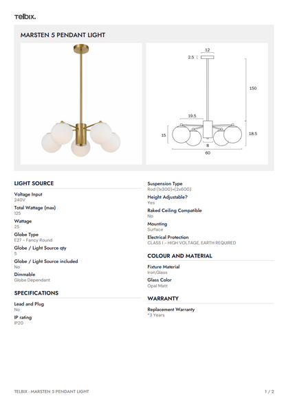 Marsten 5 Pendant Light - Black | Opal Matt