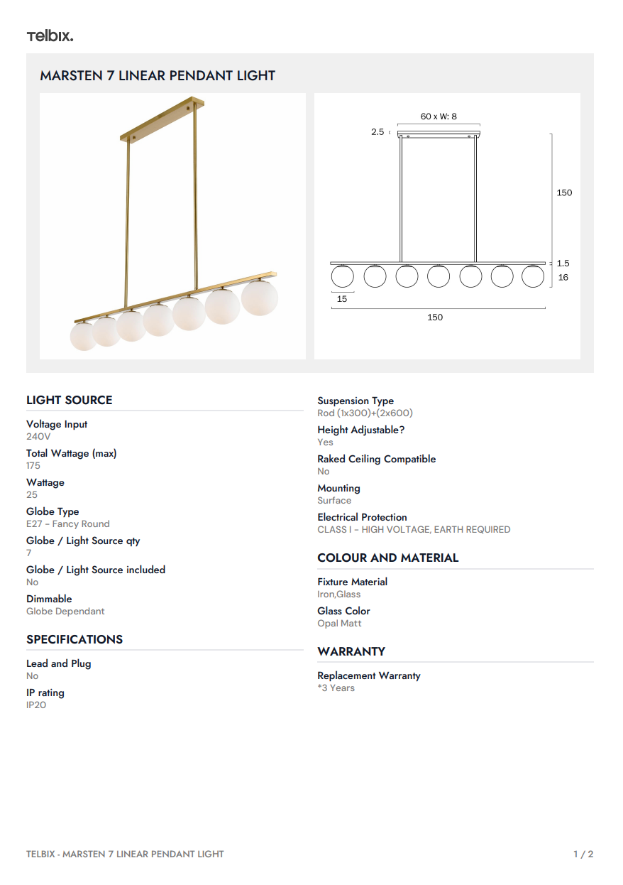 Marsten 7 Linear Pendant Light - Antique Gold | Opal Matt
