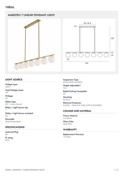 Marsten 7 Linear Pendant Light - Antique Gold | Opal Matt