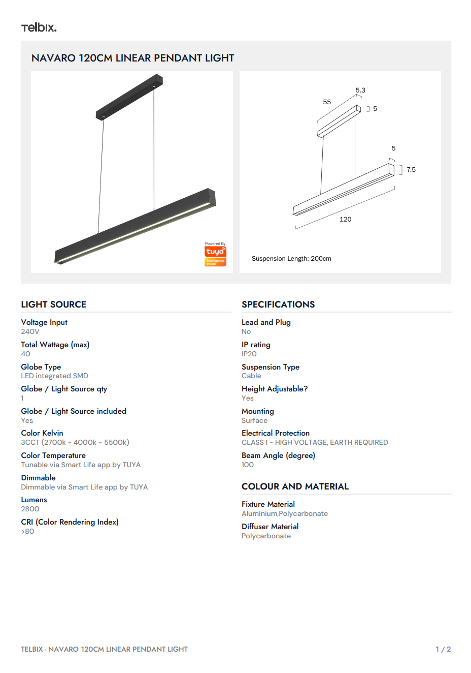 NAVARO 120CM Linear Pendant Light - White