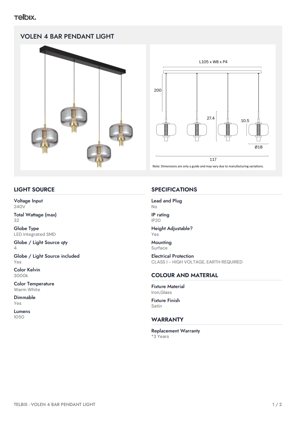 Volen 4 Bar Pendant Light - Black | Smoke