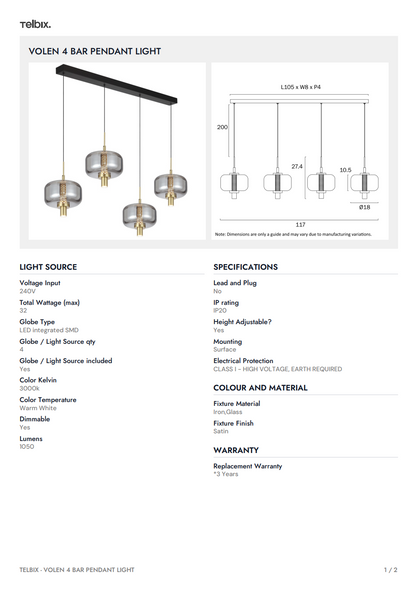 Volen 4 Bar Pendant Light - Black | Smoke
