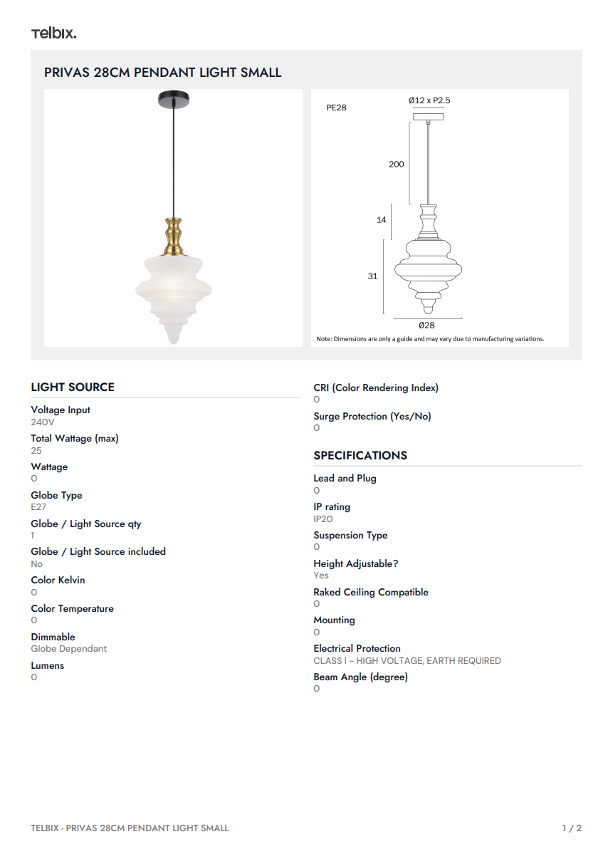 Privas 28CM Pendant Light Small.