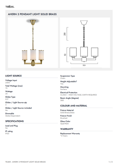 AHERN 3 Pendant Light SOLID BRASS