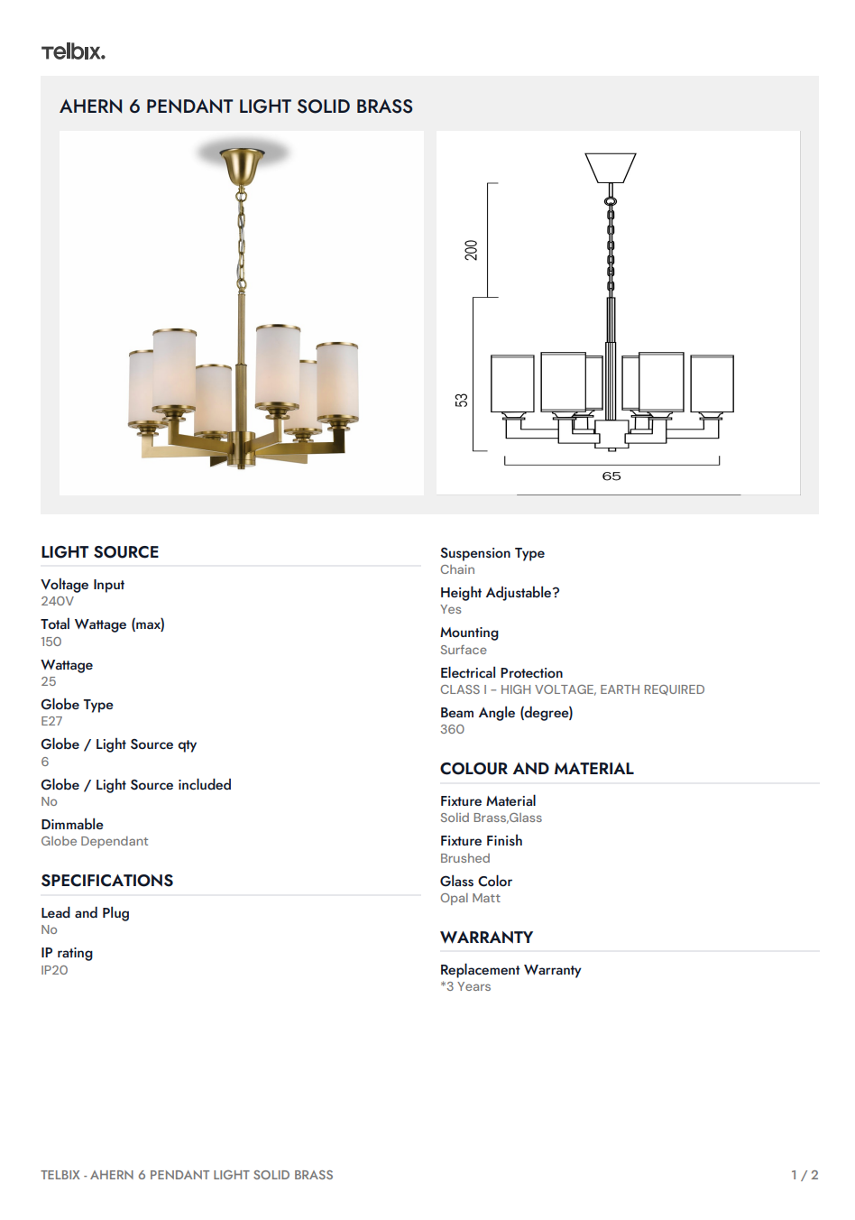 AHERN 6 Pendant Light SOLID BRASS