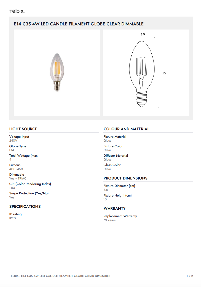 E14 C35 4W LED Candle Filamint Globe Clear Dimmable