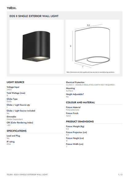 EOS II SINGLE Exterior Wall Light - Black