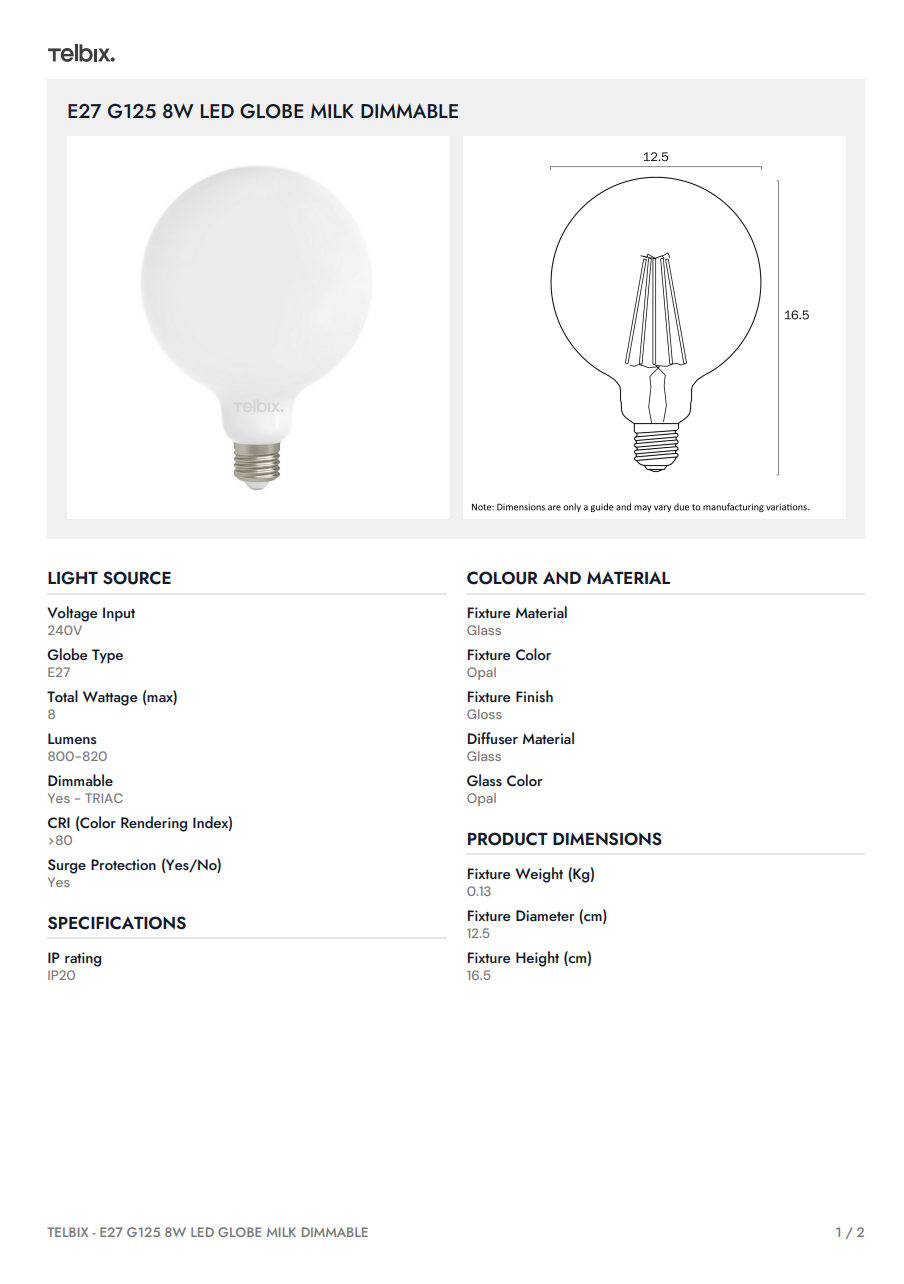 E27 G125 8W LED Globe Milk Dimmable - 3000K