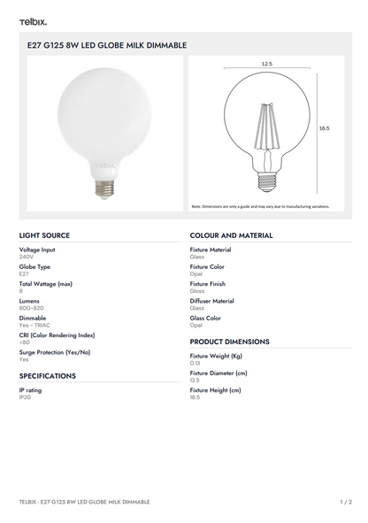 E27 G125 8W LED Globe Milk Dimmable - 3000K