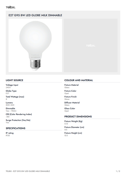 E27 G95 8W LED Globe Milk Dimmable - 4000K