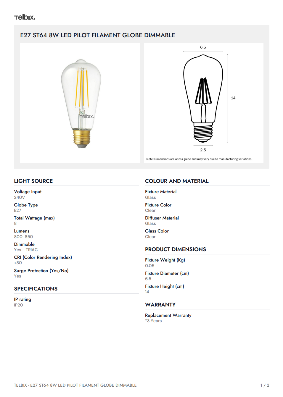 E27 ST64 8W LED Pilot Filament Globe Dimmable - 5000K