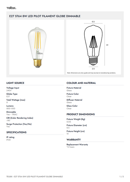 E27 ST64 8W LED Pilot Filament Globe Dimmable - 5000K