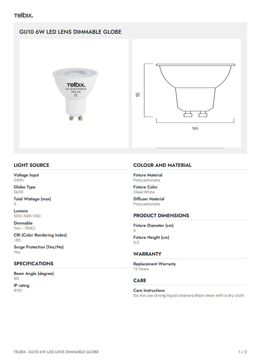 GU10 6W LED Lens Dimmable Globe - 4000K