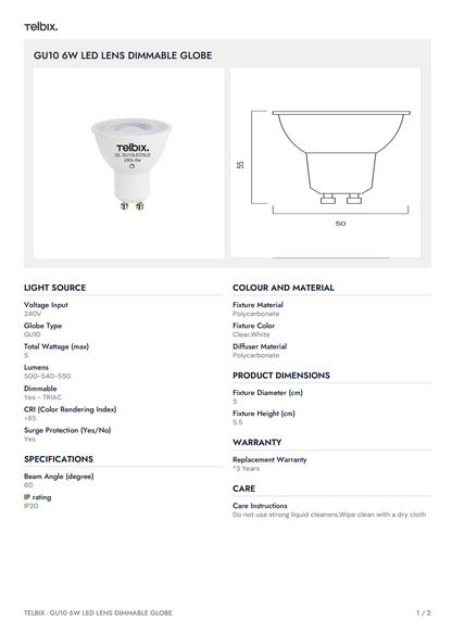 GU10 6W LED Lens Dimmable Globe - 4000K