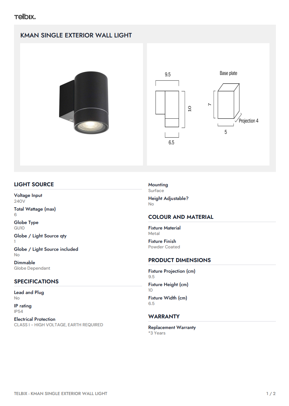 KMAN Single Exterior Wall Light - Black