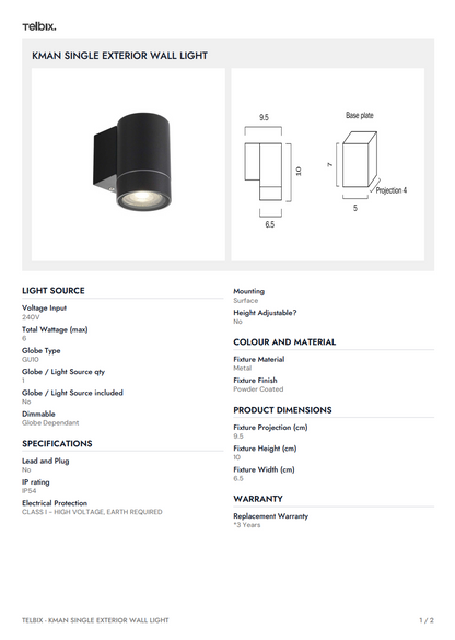 KMAN Single Exterior Wall Light - Black
