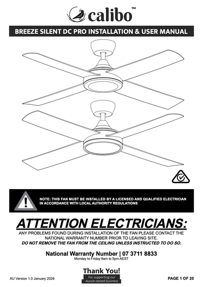 Calibo Breeze Silent Pro 48" DC Ceiling Fan with 3CCT LED and Remote Control - Black