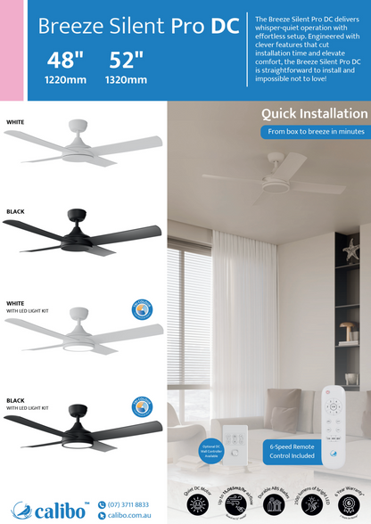 Calibo Breeze Silent Pro 48" DC Ceiling Fan with Remote Control - White