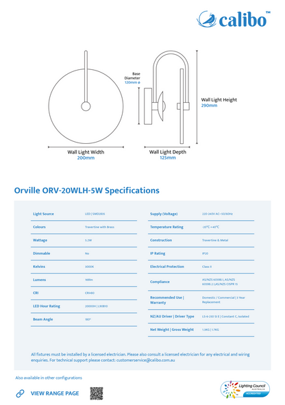 Calibo Orville Travertine 200mm Round Disc LED Wall Light with Brass Handle - Brass