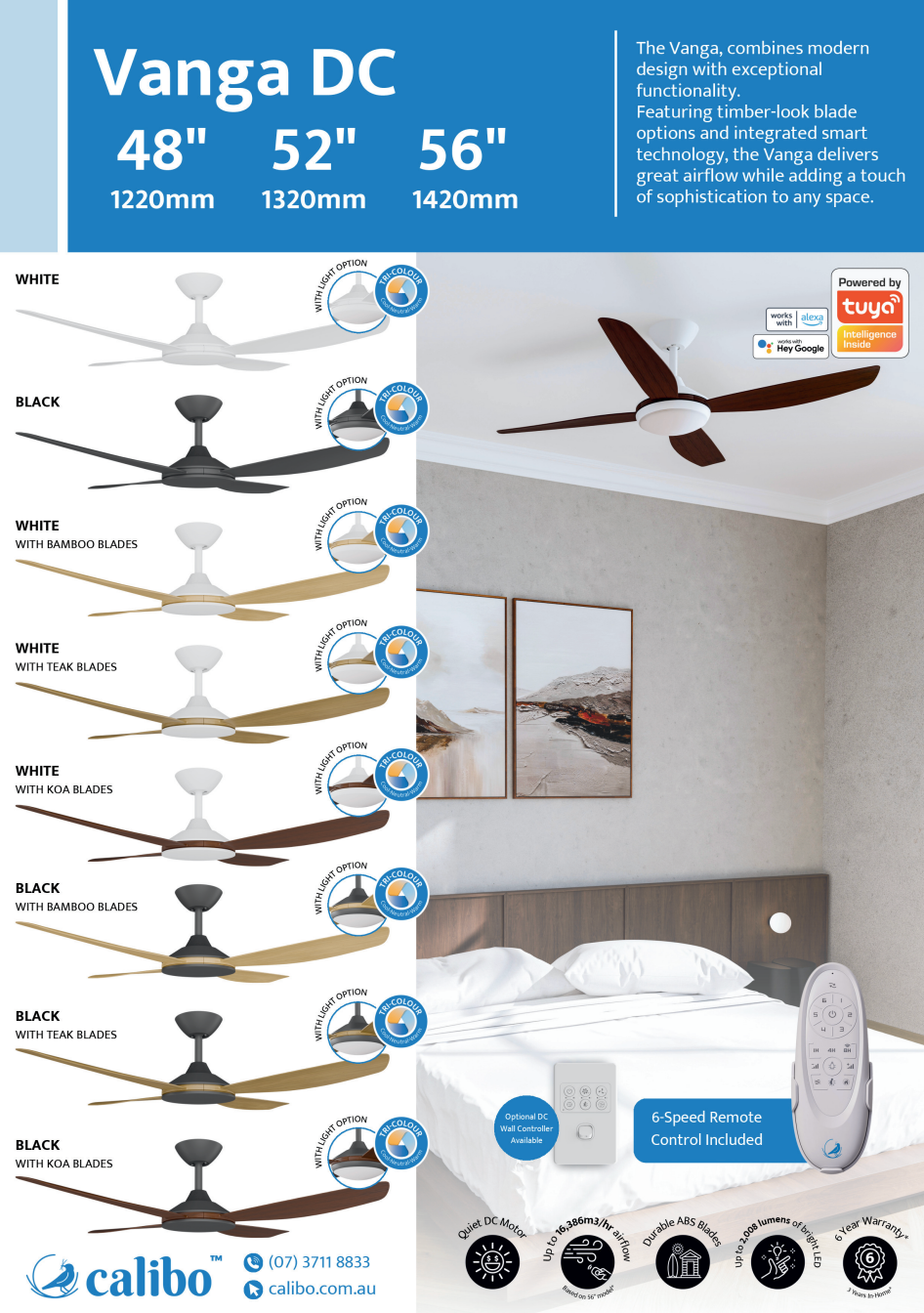 Calibo Vanga 48" DC Smart Ceiling Fan with LED Light and Remote Control - White