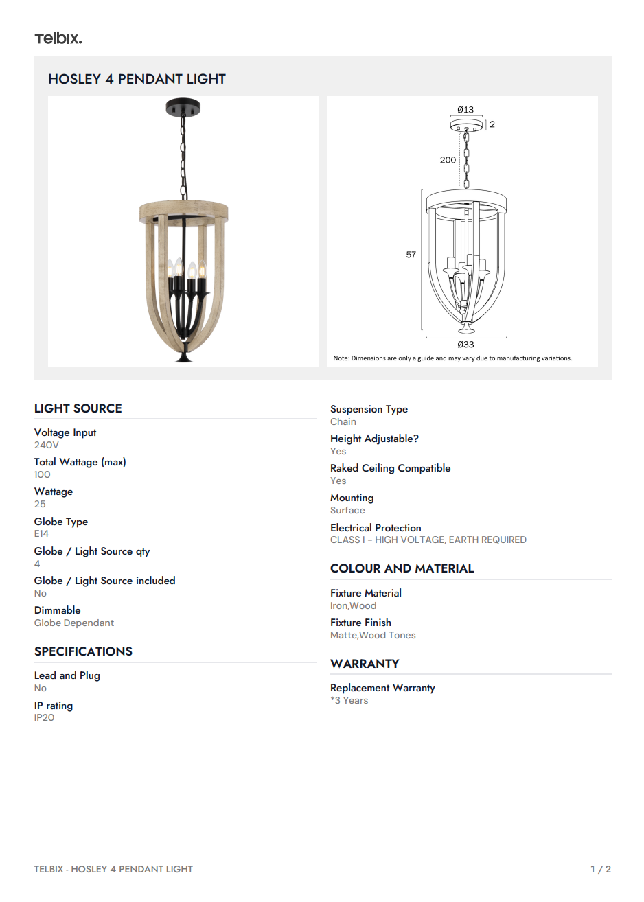 HOSLEY 4 Pendant Light - Woodi Black